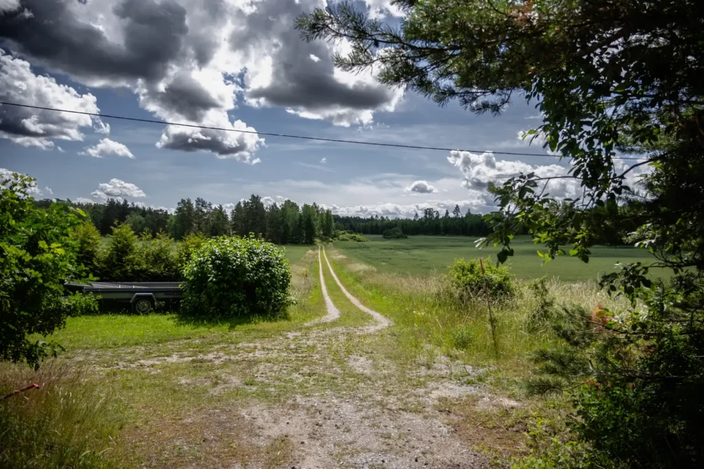 Grusväg som öppnar sig mot åkrarna längs Upplandsleden etapp 27 mot Veckholm.